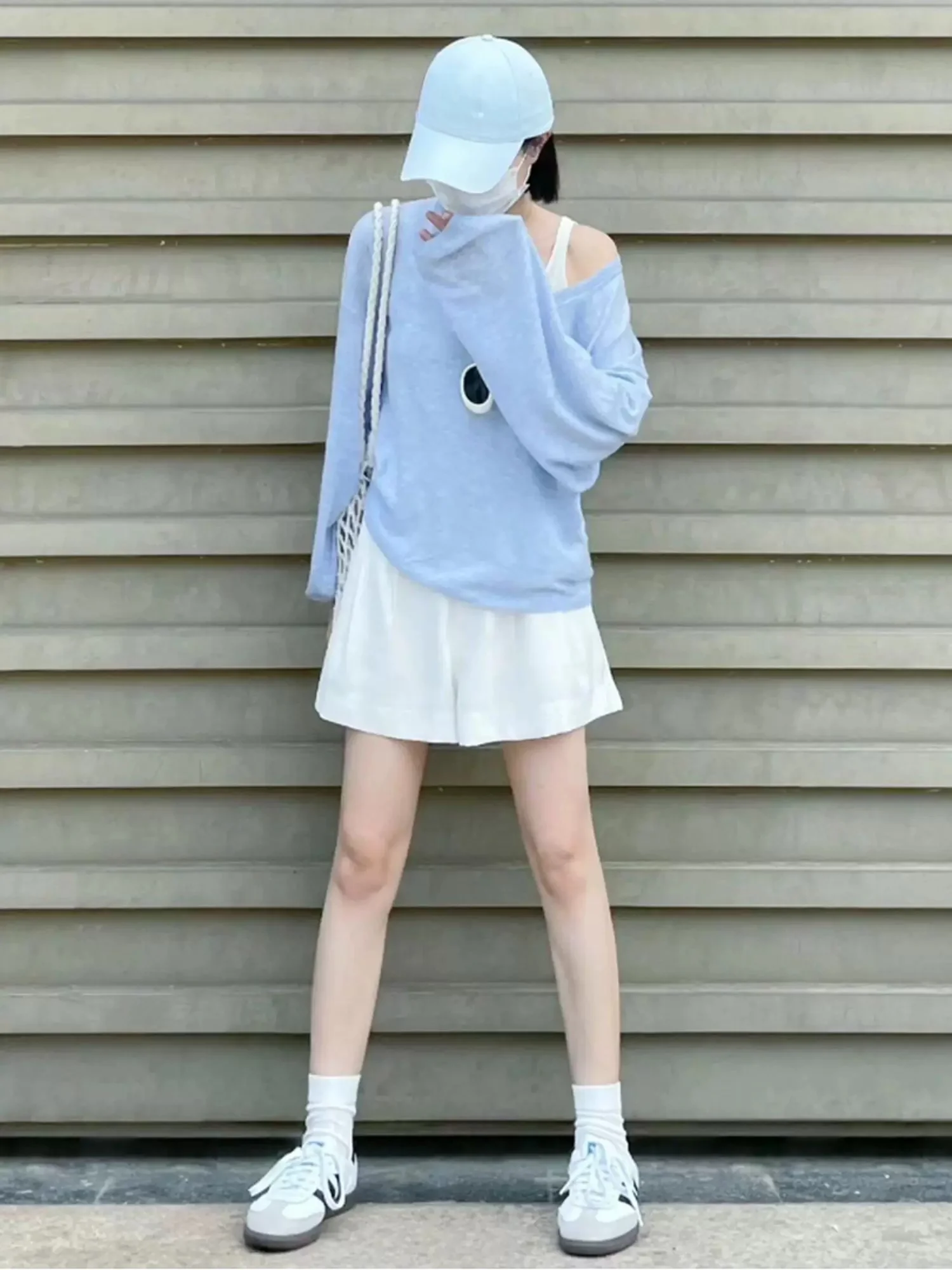 Blue Sun Protection Cover up Set White Vest Layering Outfit Durable Cotton Korean Style Commute Friendly High Waist Design
