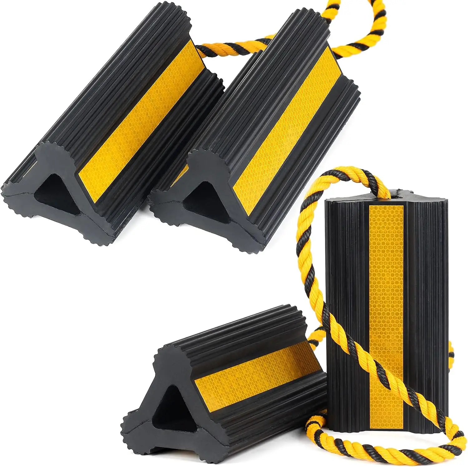 

Heavy Duty Rubber Wheel Chocks 2 Pair Non-Slip Tire Stopper Blocks with 52" Nylon Rope for RV Camper Travel Trailer Truck