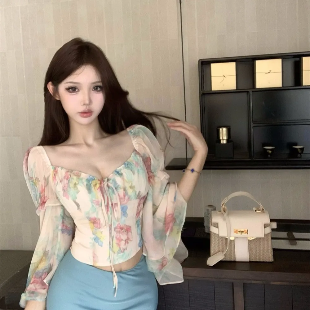 Watercolor Gradient Floral Chiffon Top High Waist Slimming Fish Tail Skirt Set Square Collar Design Short Length Fashionable ...