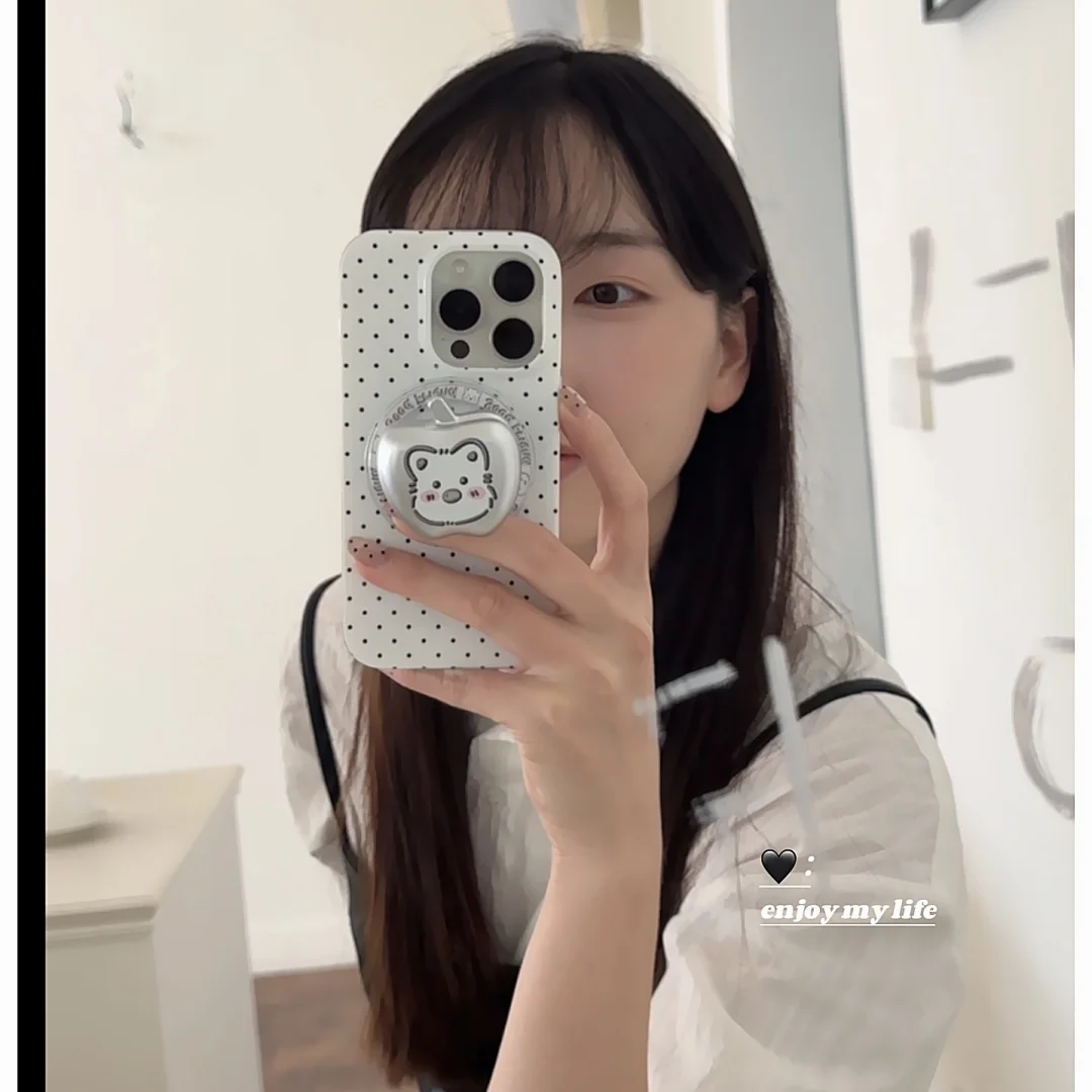 블랙 화이트 폴카 도트 무선 충전 전화 케이스 아이폰 17 16 15 14 13 프로 맥스용 스탠드 홀더 포함 마그세이프용