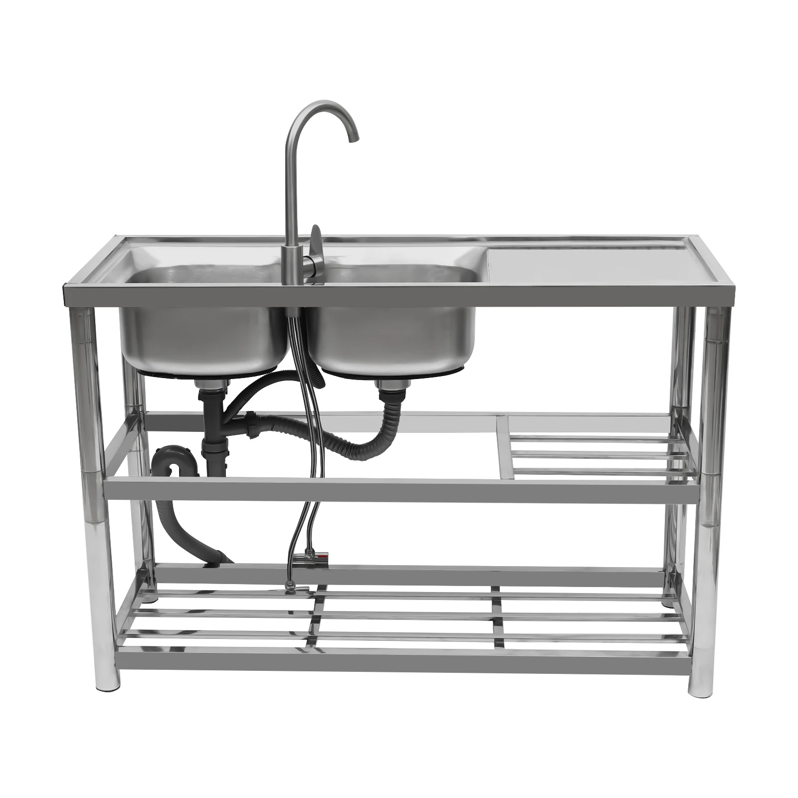 

Free Standing Stainless-Steel Double Bowl Kitchen Utility Sink Set w/ Prep Table