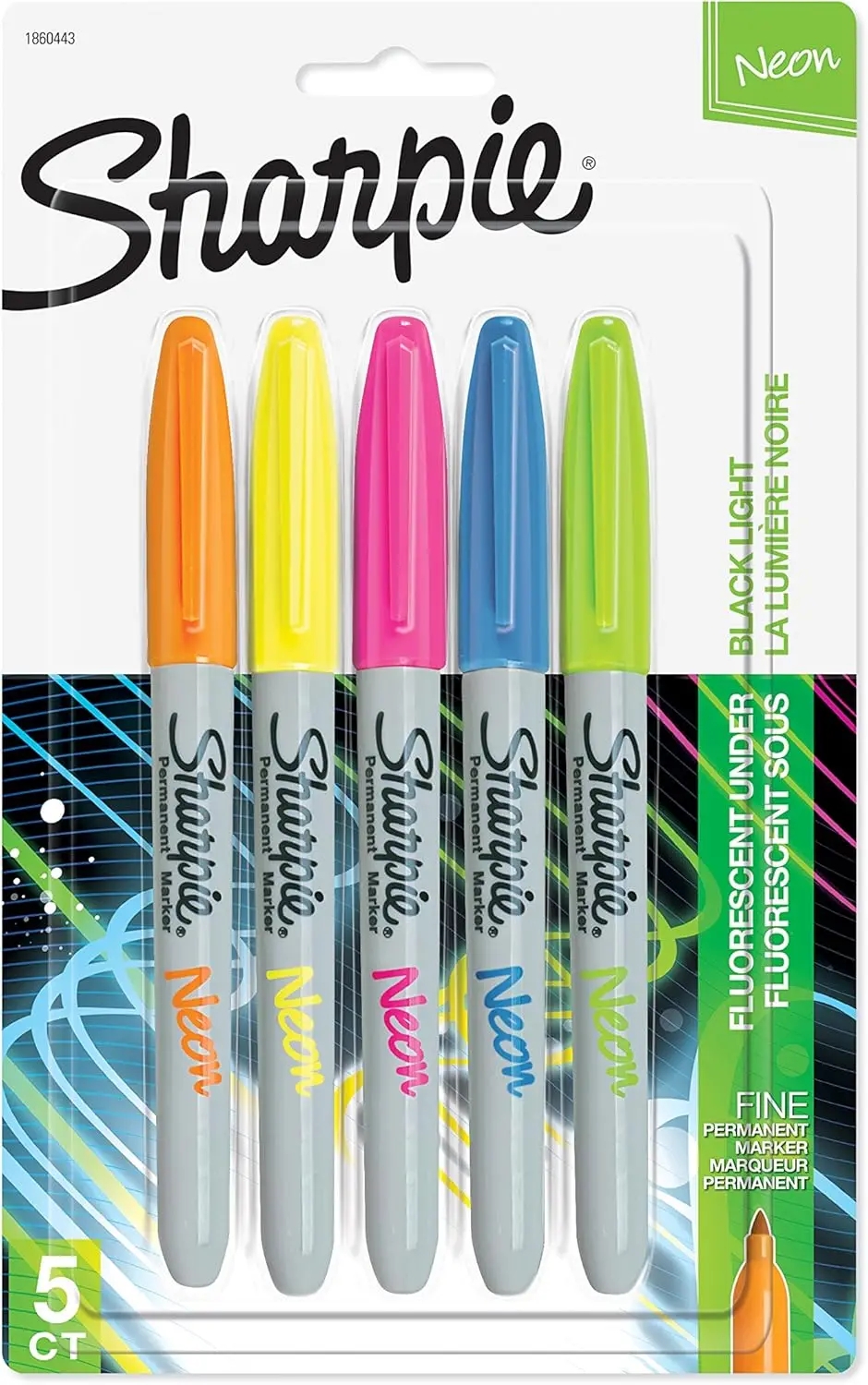 Neon Permanent Markers, Fine Point, Assorted Colors, 5 Count - Bright & Waterproof