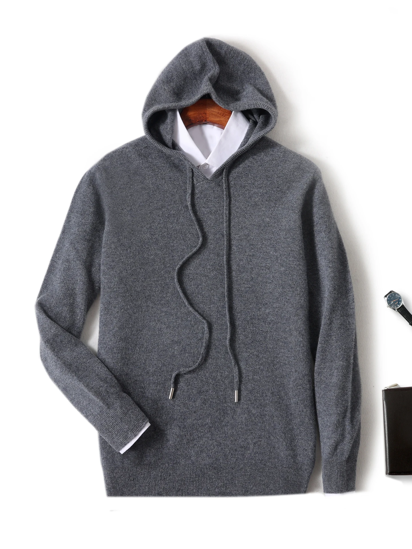 Suéter clásico con capucha para hombre, Jersey de punto de lana merina de 100%, ropa de manga larga, Tops, abrigos gruesos informales, Otoño e Invierno