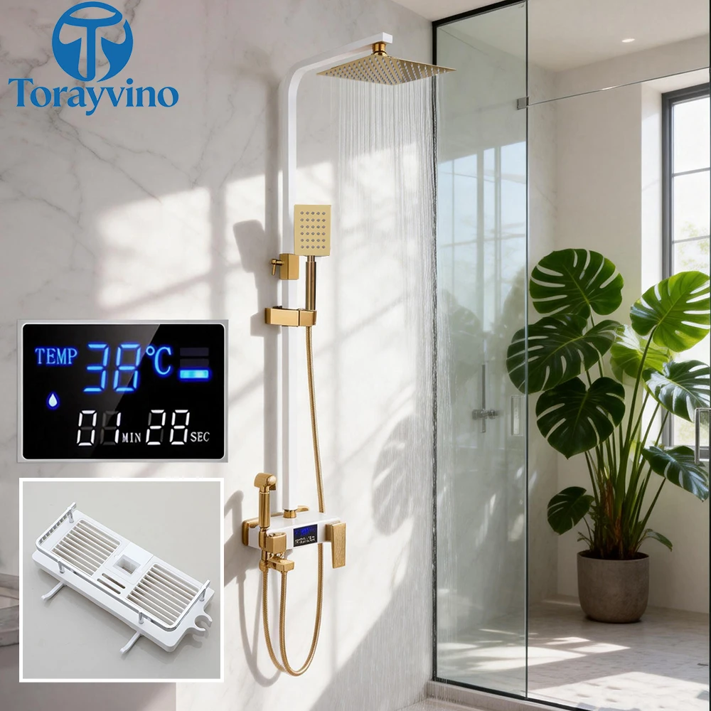 

Torayvino Digital display Black luxury Bathroom Shower System Set 4-way Rainfall Head high quality outdoor faucet shower column