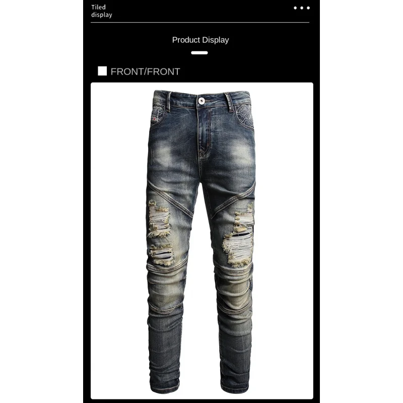 2026 Ripped Jeans Men's Motorcycle Trendy Fashion Slim Fit Vintage Distressed Skinny Trousers High Street Pants