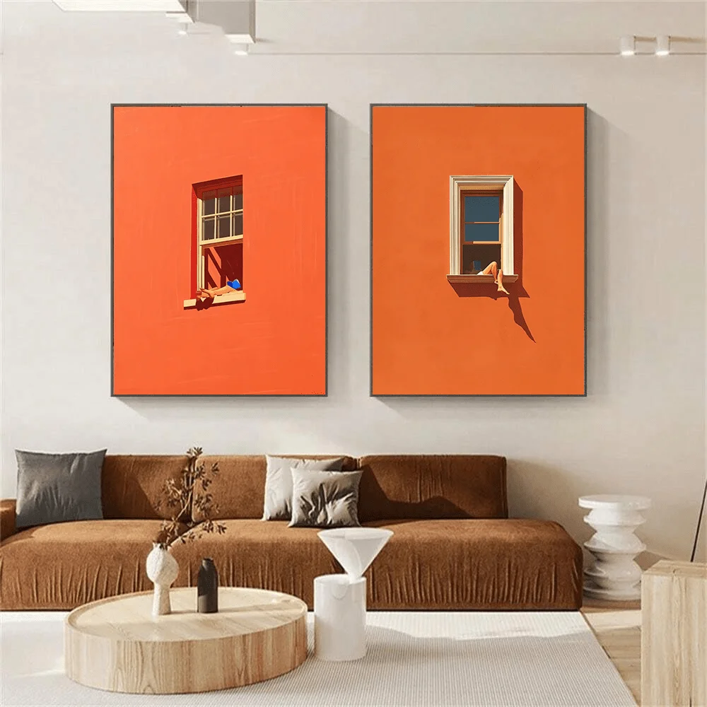 2pcs Minimalist Vibrant Orange Canvas Wall Art Prints, Unframed  Warmth and Sunshine Posters for Living Room and Bedroom Decor