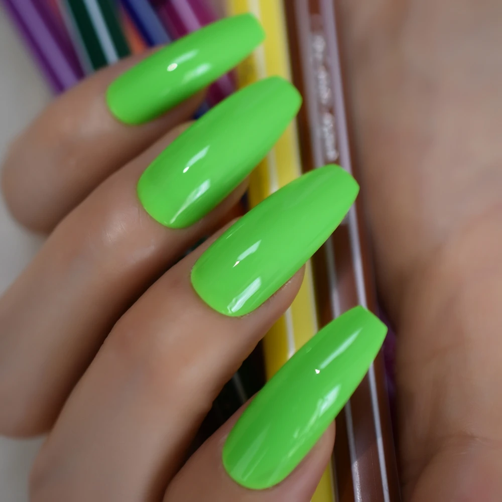 NEON Nails Wonderful Summer Green False Nails Bright Color Beautiful Extra Long Coffin Press on Nail with Adhesive Glue Sticker
