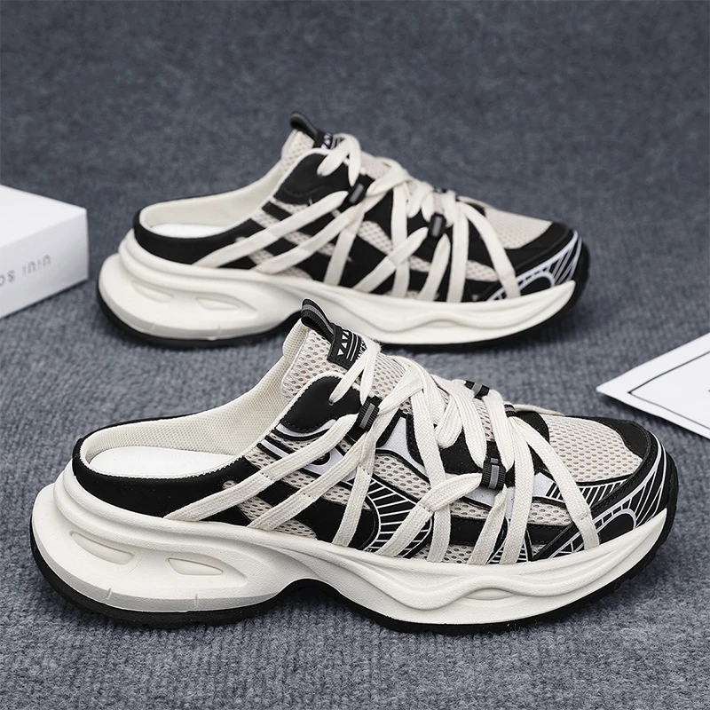 

Мужские получешки на толстой подошве с сеткой, сабо на платформе, сандалии с закрытым носком, лоферы без шнуровки с открытой спиной, тапочки, повседневная обувь с полудрагоценным носком