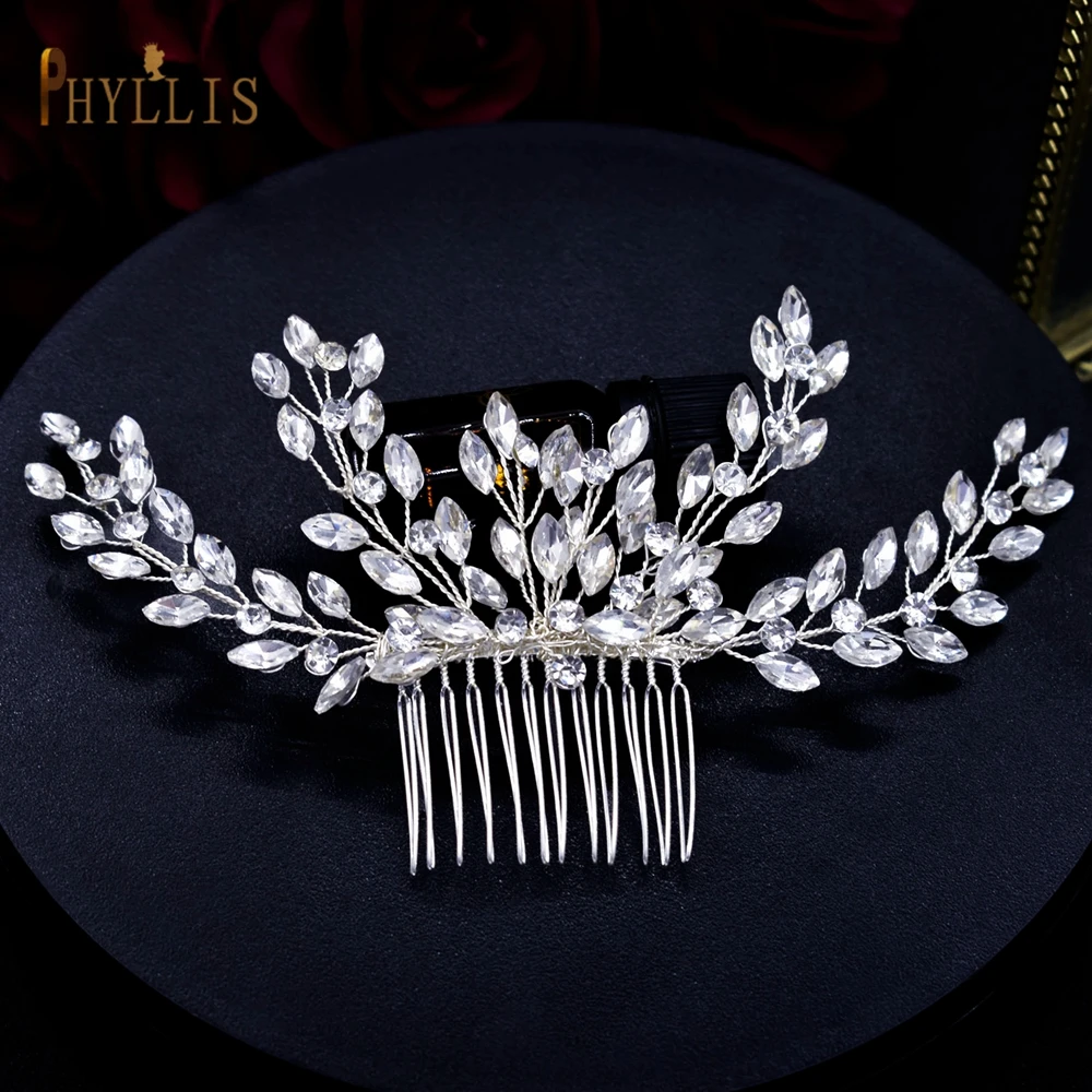 Peines de pelo de boda con diamantes de imitación para mujer, tocado de novia, adornos nupciales de cristal, diademas hechas a mano, Tiara, Color plateado, A487