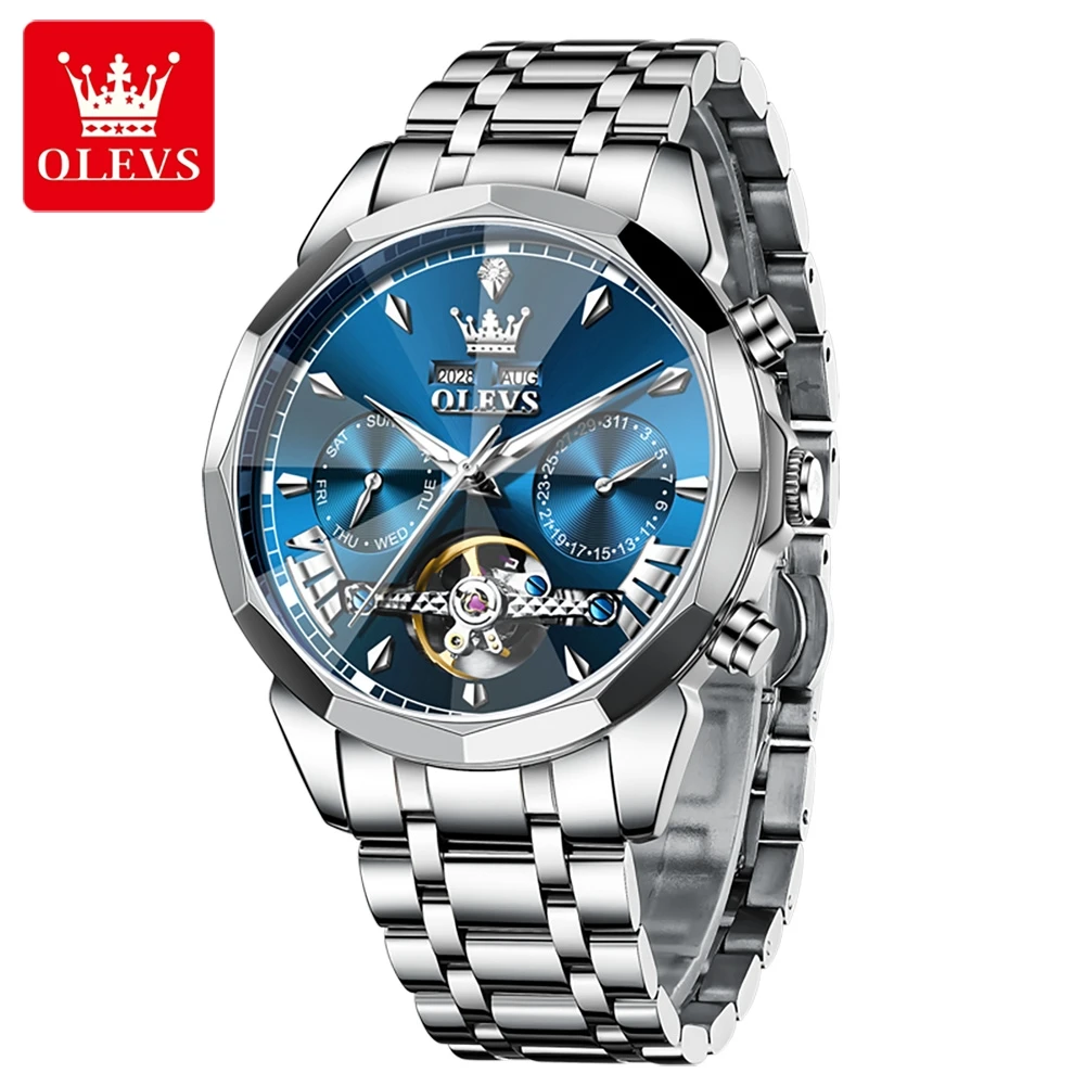 

Стеклянные синие часы с турбийоном в форме ромба, мужские часы с вечным календарем и датой, спортивные водонепроницаемые автоматические механические часы