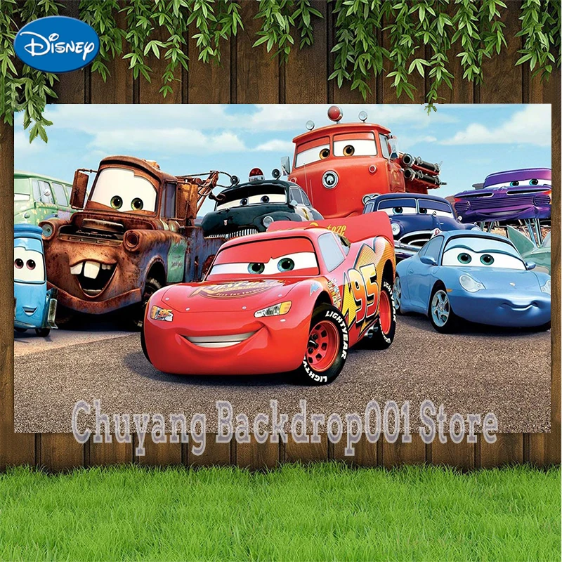 Disney Red Racing Car Black White Grid Flag Cartoon Background Champion Cup Red Curtain Boy Birthday Backdrop Photography