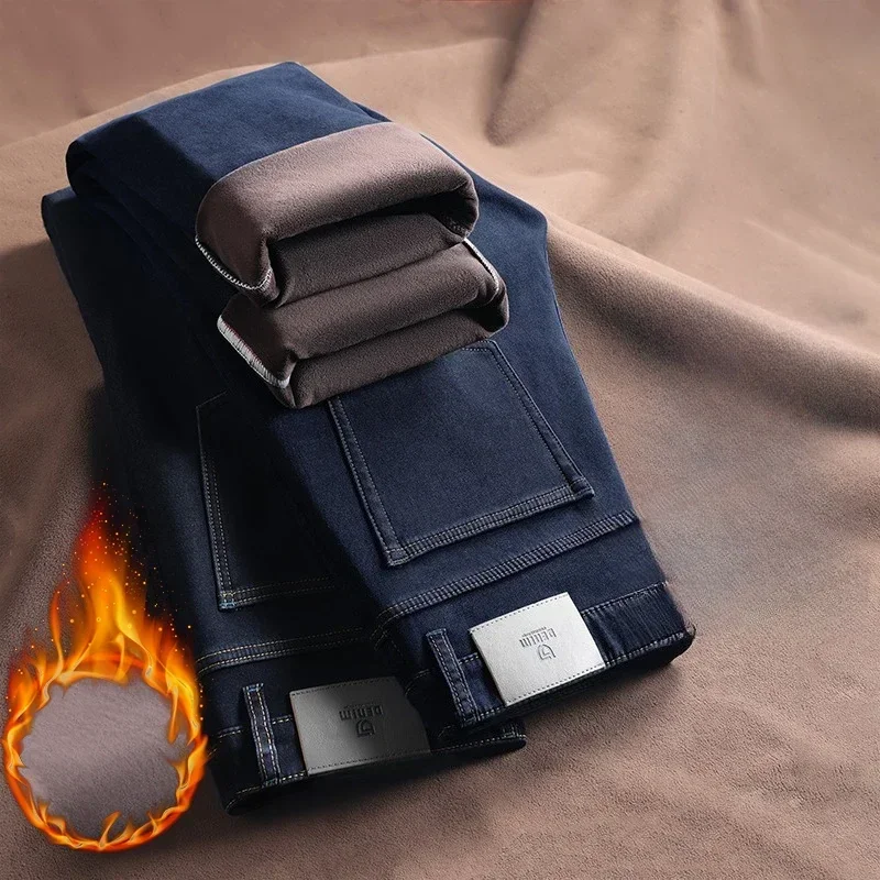 2026 New Years of Winter Plus Velvet Men's Jeans Business Casual Straight Pants Cashmere Men's Blue Gray Warm Fleece