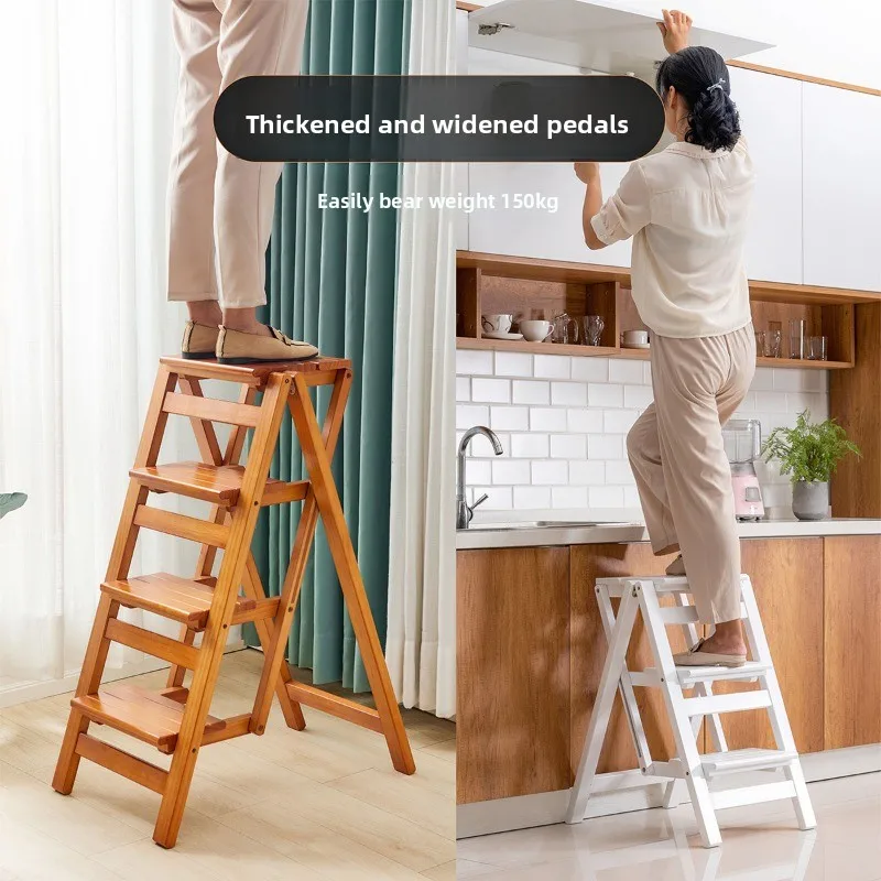 Step Stools & Step Ladders Kitchen Furniture Solid Wood Multifunctional Folding 3‑Step Stool Thickened Indoor Storage Rack