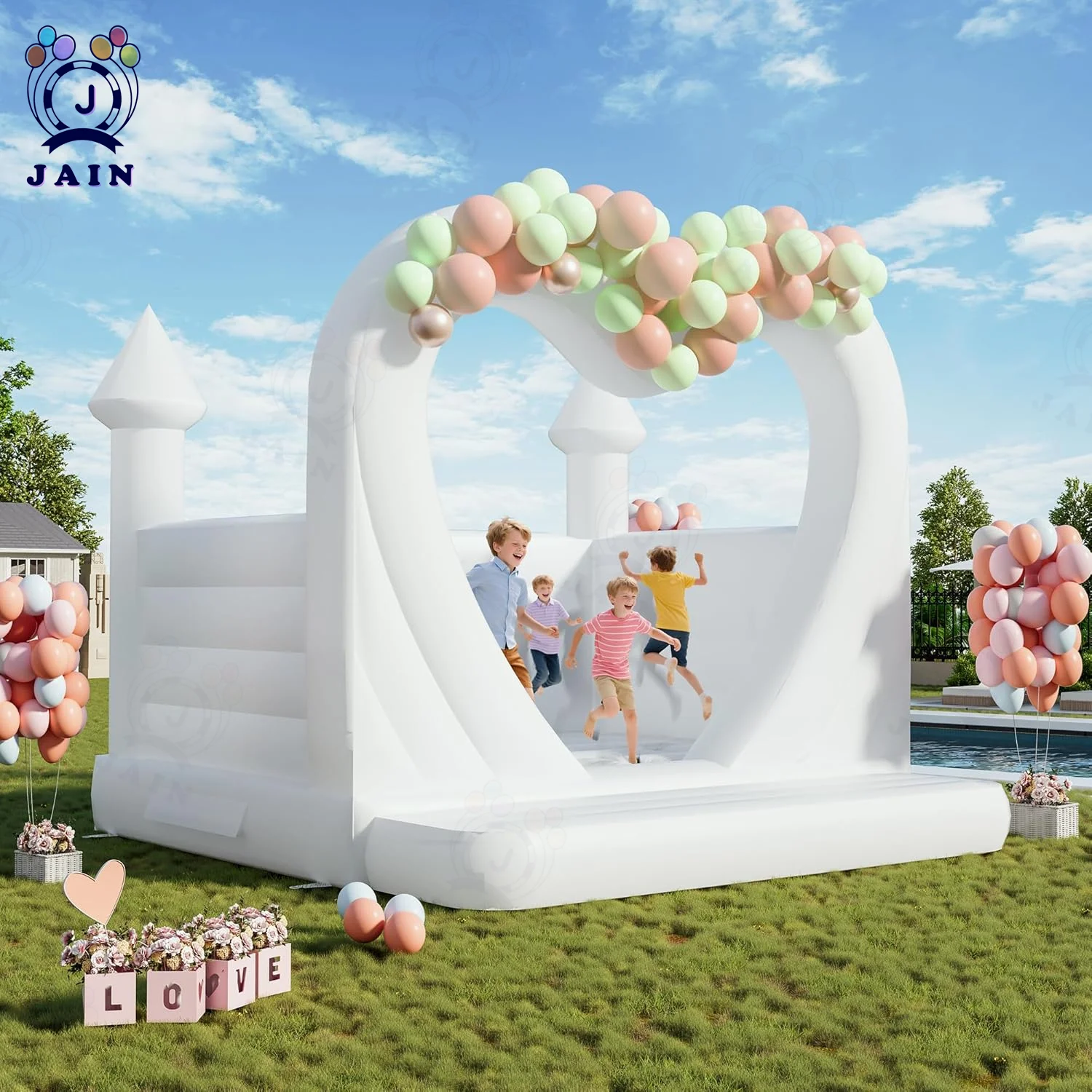 Nueva casa de rebote blanca con forma de corazón con área de rebote y tobogán Castillo blanco inflable de PVC de 13 pies con soplador para fiesta de boda