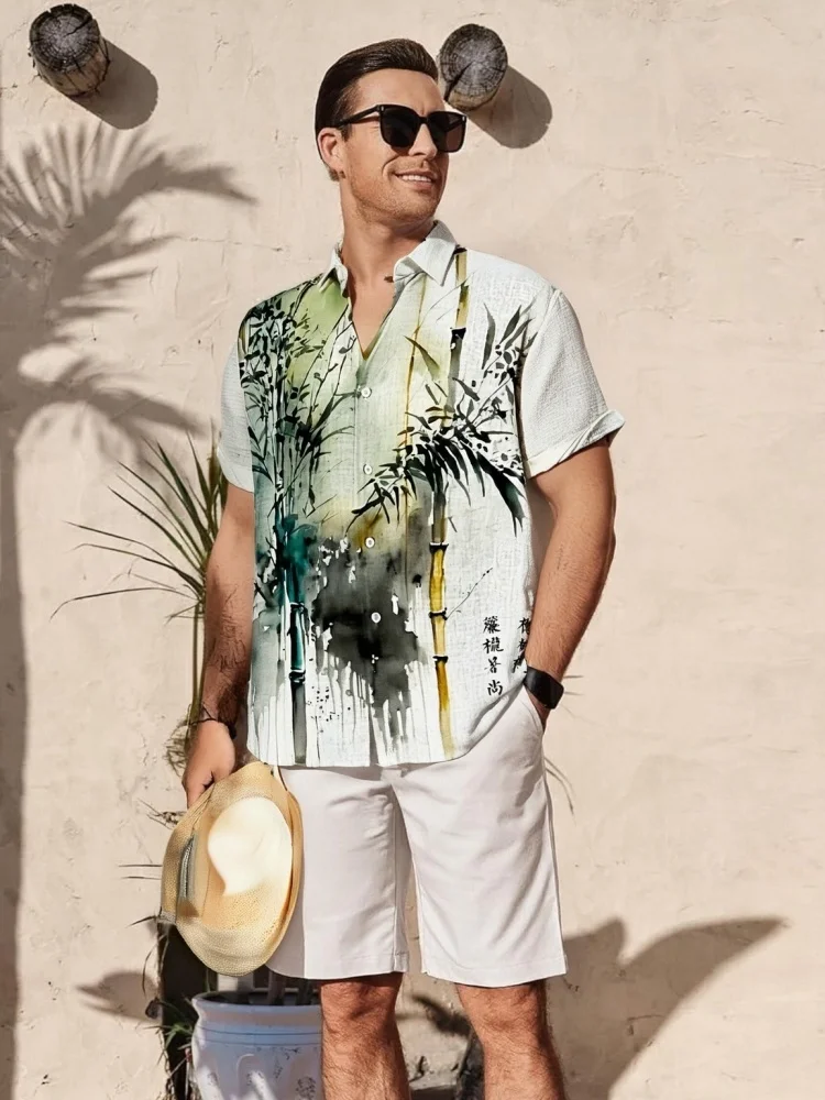 

Men's Bamboo Forest Watercolor Art Print Casual Shirt Short Sleeve Lapel Collar Oversized Chinese Style Tops Men Clothings
