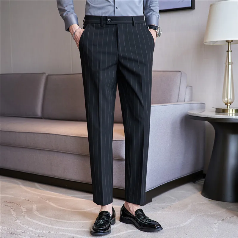 Men\'s Striped Suit Pants Elastic 2024 Autumn New Social Casual Trousers Slim Fit Suit Pants Business Office Wedding Men Clothing