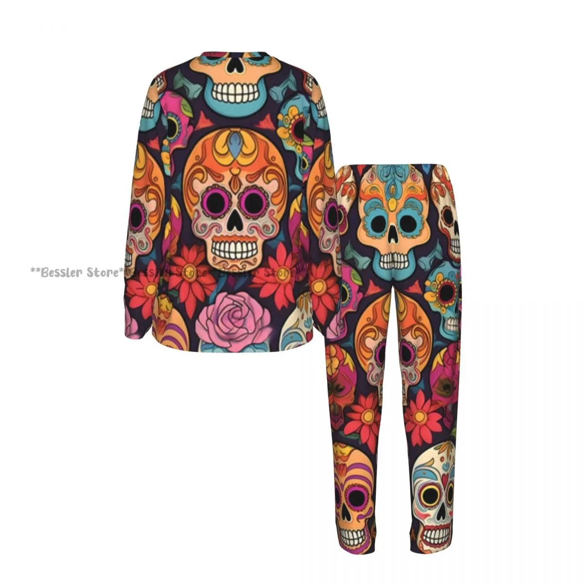 Women Round Neck Pajamas Set Human Skulls With Flowers Long Sleeve Tops + Long Pants 3