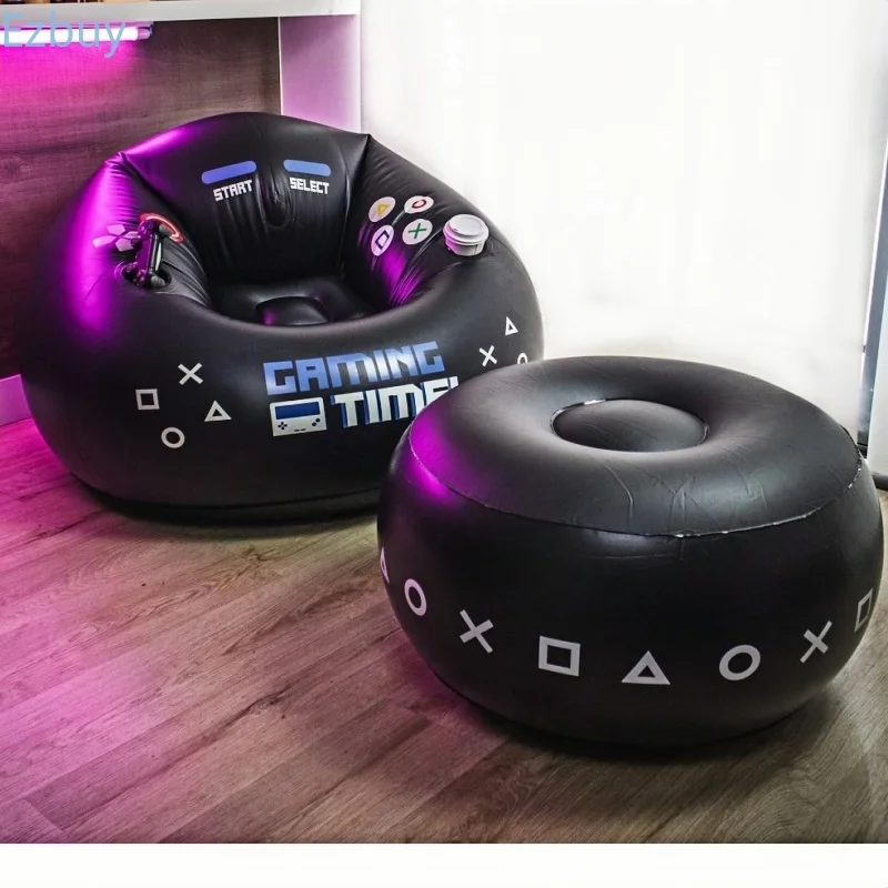 Home Children Creative Esports Game Inflatable Circular Sofa Chair with Cup Holder and Side Pockets Music Karaoke Bag Sofa