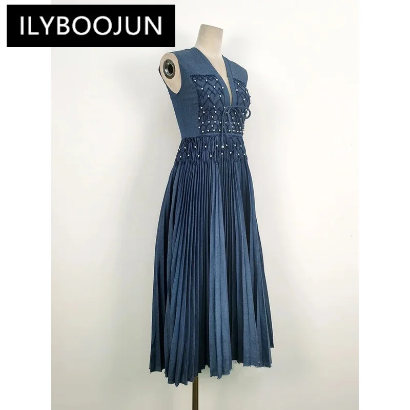 ILYBOOJUN Women\'s Fashion Dress V-neck Sleeveless Pleated Pearl Denim High Waist Female Elegant Dresses Summer 2024 New