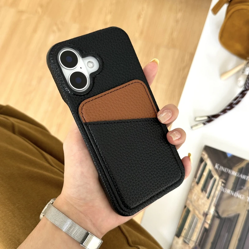 

New Color Blocked Plug-in Phone Case for iPhone 17 16promax Leather Lychee Pattern, 15pro All Inclusive 14 13 Protection Cover
