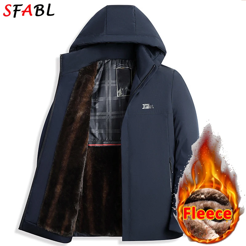 New Winter Fleece Lined Men\'s Winter Jacket Hooded Padded Winter Jackets for Men Windbreak Thick Warm Parka Business Coat Black