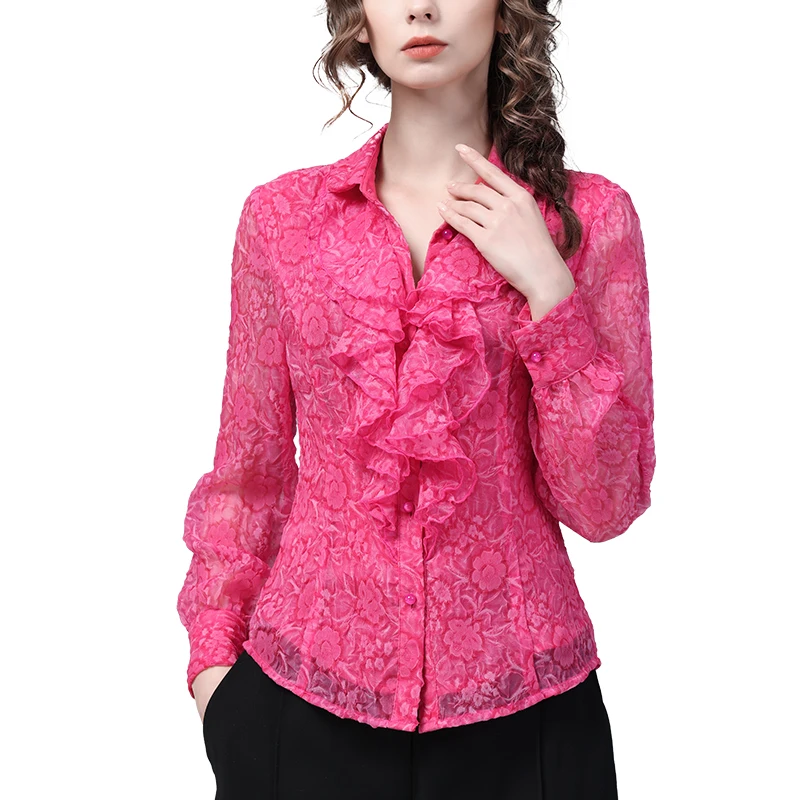 Elegant Fashion Women Long Sleeve Magenta Chiffon Floral Shirts Slim Turn-down Collar Ruffles Tops 2023 Spring Summer Blouses