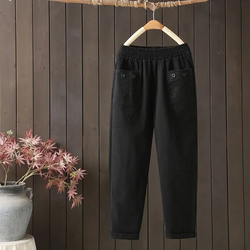 2024 Temperament Summer Casual Women's Fashion Versatile Solid Color Pockets Elastic High Waist Loose Straight Harun Crop Pants