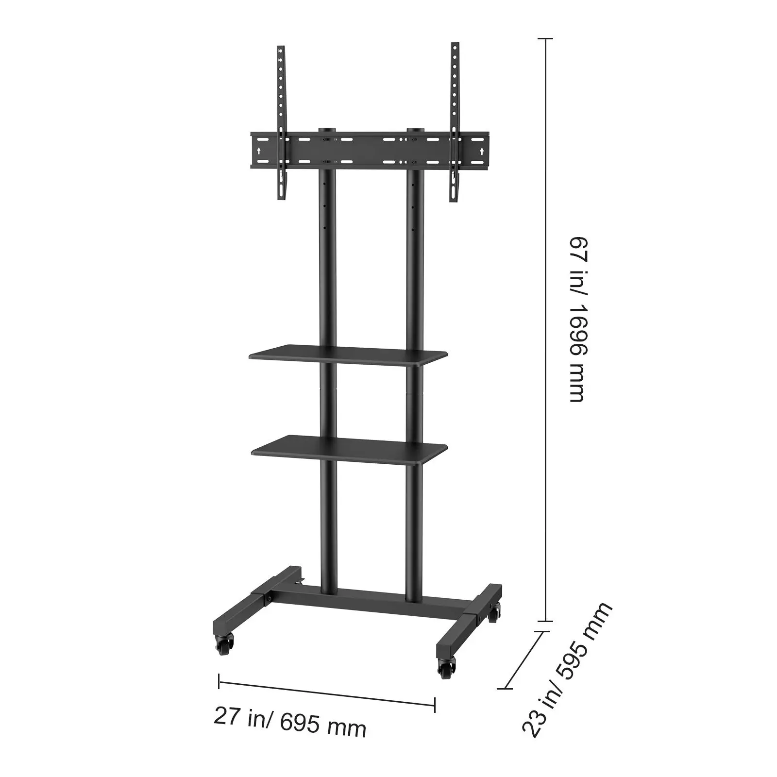 Mobile TV Stand, Mobile TV Cart for 32 to 70 inch TVs, Height Adjustable Portable TV Stand with Wheels, Double Tray for Audio-Visual Devices, Rolling TV Stand with Mount for Bedroom, Living Room