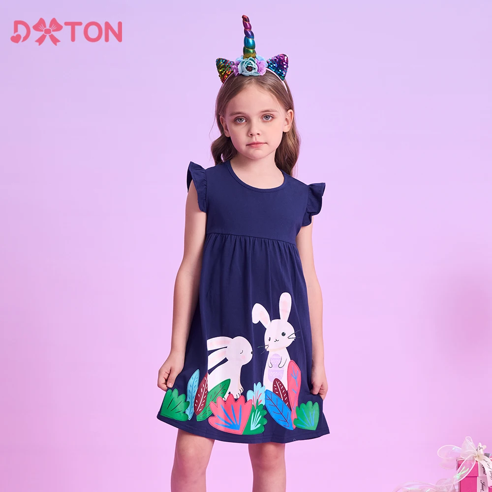 

DXTON 2024 Children Dresses Flying Sleeve Summer Kids Clothing Animal Rabbit Toddlers Cotton Dress For Girls Cartoon Dress 3-12Y