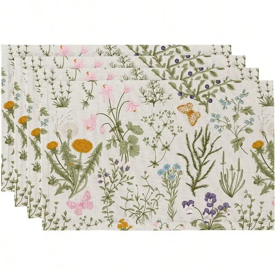 4-Piece 12x18 Inch Boho Linen Floral Placemats: Washable, Farmhouse Rustic Style for Kitchen, Party Table Décor.