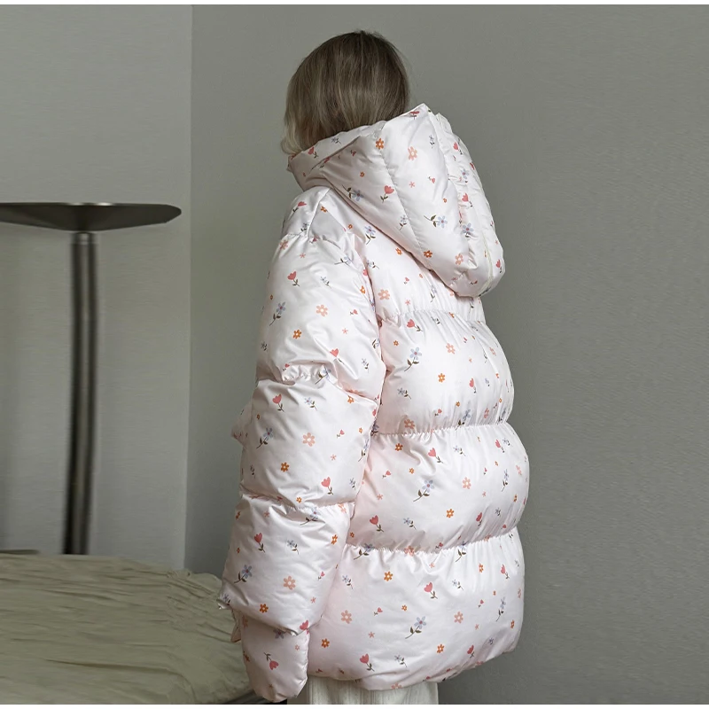 Unique Hooded Women's Winter Jacket Elegant Printed Thicken Pockets Full Sleeve Female Cotton Coat 2025 New Woman Coats Outwears