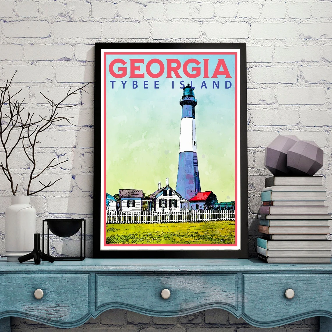 ملصق جورجيا للسفر، طباعة على الطراز العتيق، ديكور، منارة تايبي آيلاند، فن الحائط، السفر، العطلة، المنزل، تذكار #5