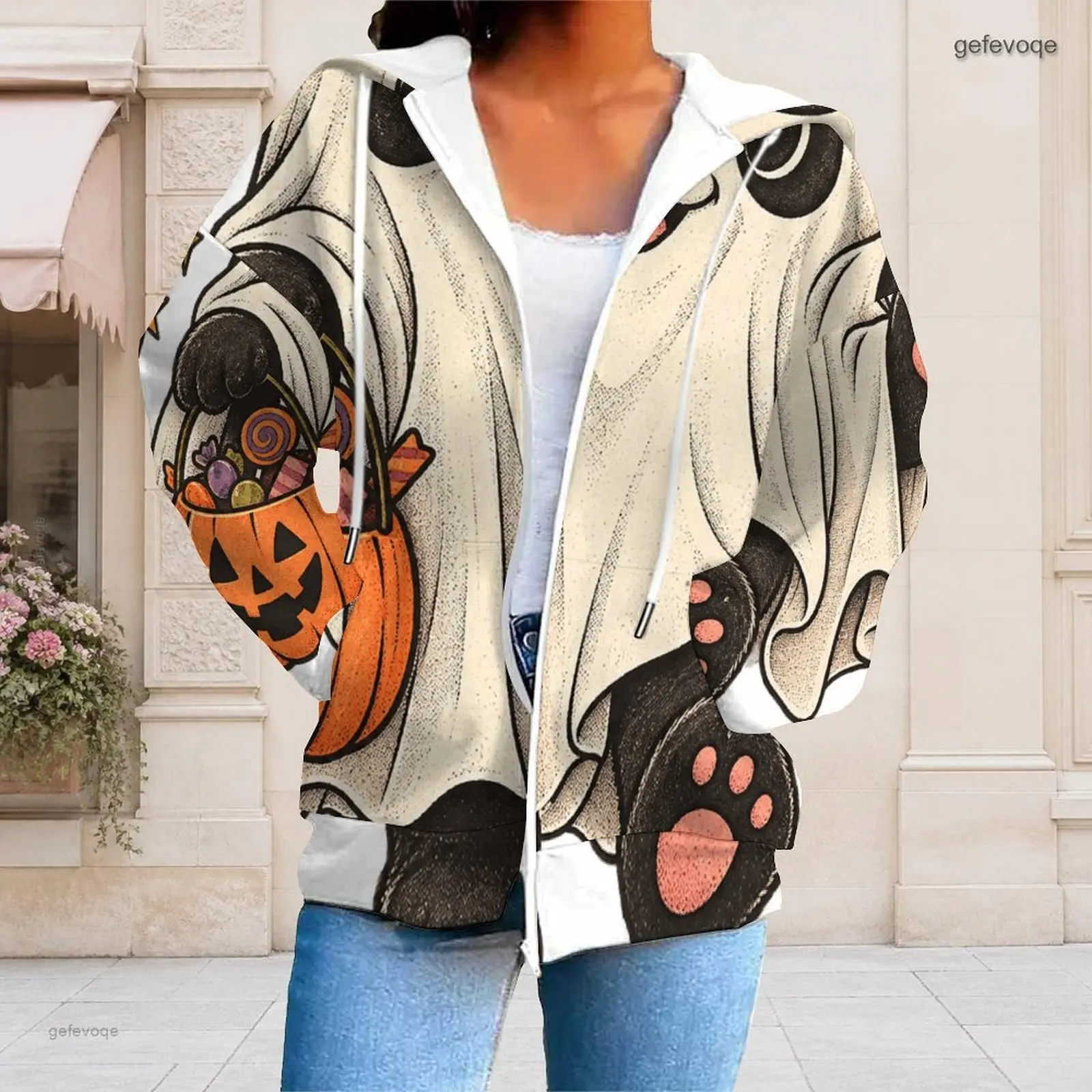Women Full Zip Long Sleeve Hoodie, Cartoon Ghost Black Cat Pumpkin Candy Bucket Printed Hooded Top