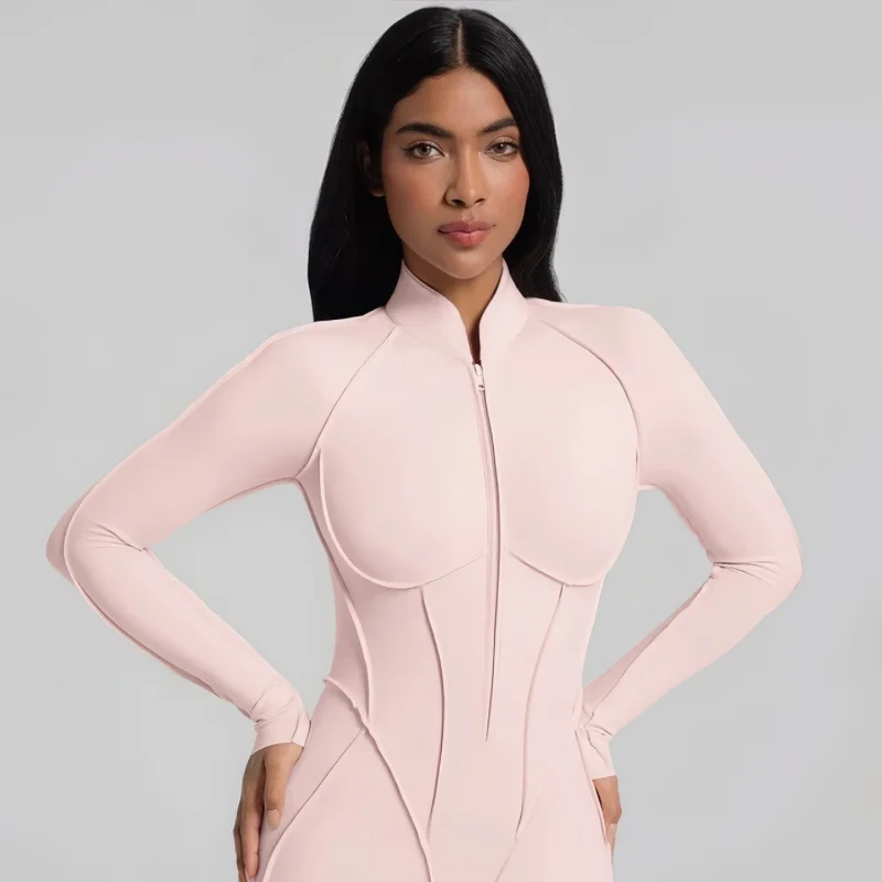 Nude Feel Yoga Sporty Jumpsuit Woman Outer Wear Tight Breathable Fitness Bodysuit Long Sleeve Zipper Sports Sportswear Woman Gym