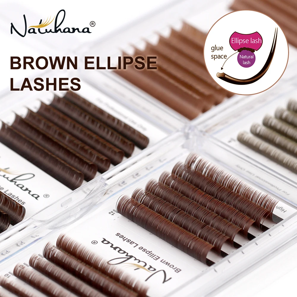 NATUHANA Brown Ellipse Flat Eyelashes Extensions Matte Faux Lashes Split Tips Soft Light Weight Ellipse Shaped Makeup Tools