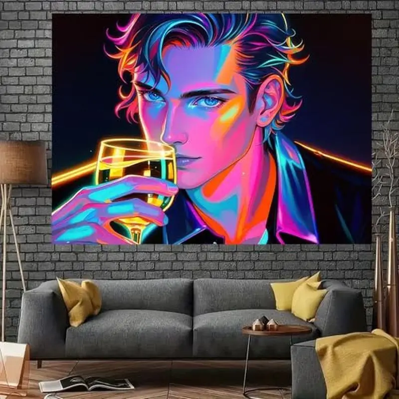 VIKAMA Neon Luminous Pop Art Men's Tapestry Vintage Bar Aesthetics Wall Hanging Decoration Wall Hanging