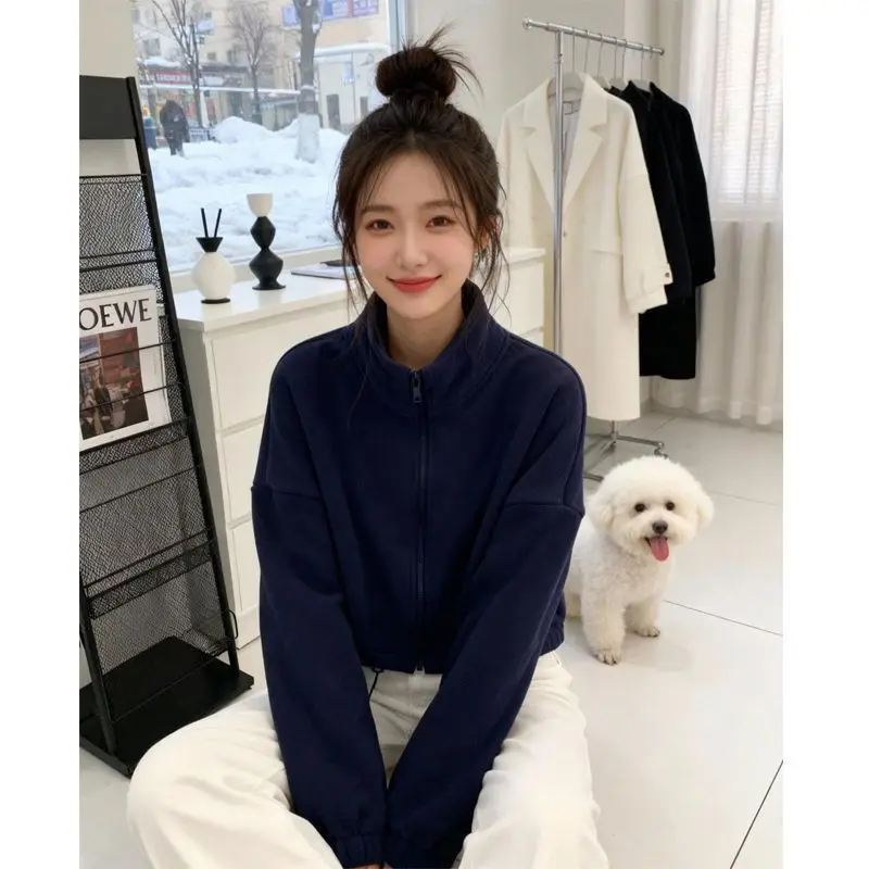 Thickened Warm Fleece Sweatshirt Jacket Women's Simple Korean Version Stand Collar Zipper Open Cardigan Autumn Winter Fleece ...