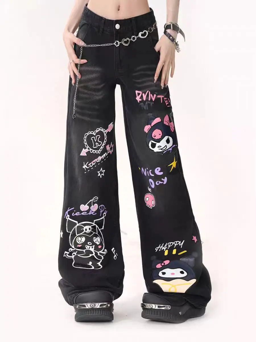 Kuromi Micro La Jeans Women\'s Summer New Cartoon High Waist Loose Slim Wide Leg Pants Kuromi Birthday Gift