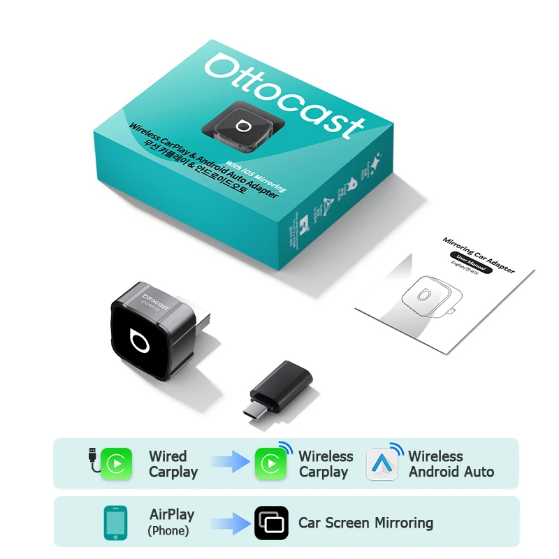 OTTOCAST MINI AIR Cube 4.0 Kabelloser CarPlay Android Auto 3-in-1 Adapter Bildschirmspiegelung Auto-Zubehör für Youtube Tiktok