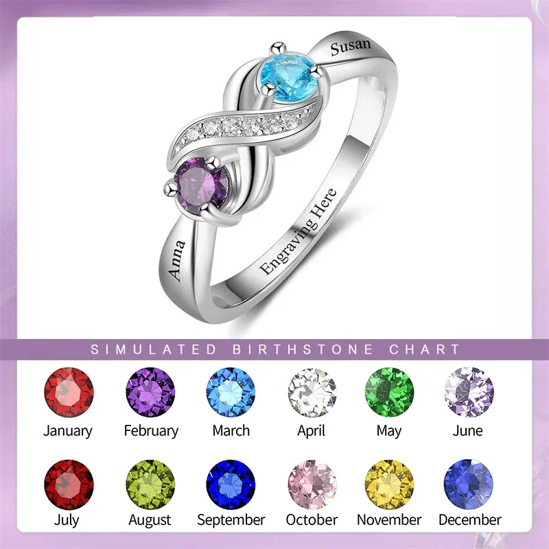 Customized Engraved Name Infinity Ring Personalized Name 2 Birthstones Ring Custom Promise Rings for Women Mother Family Jewelry
