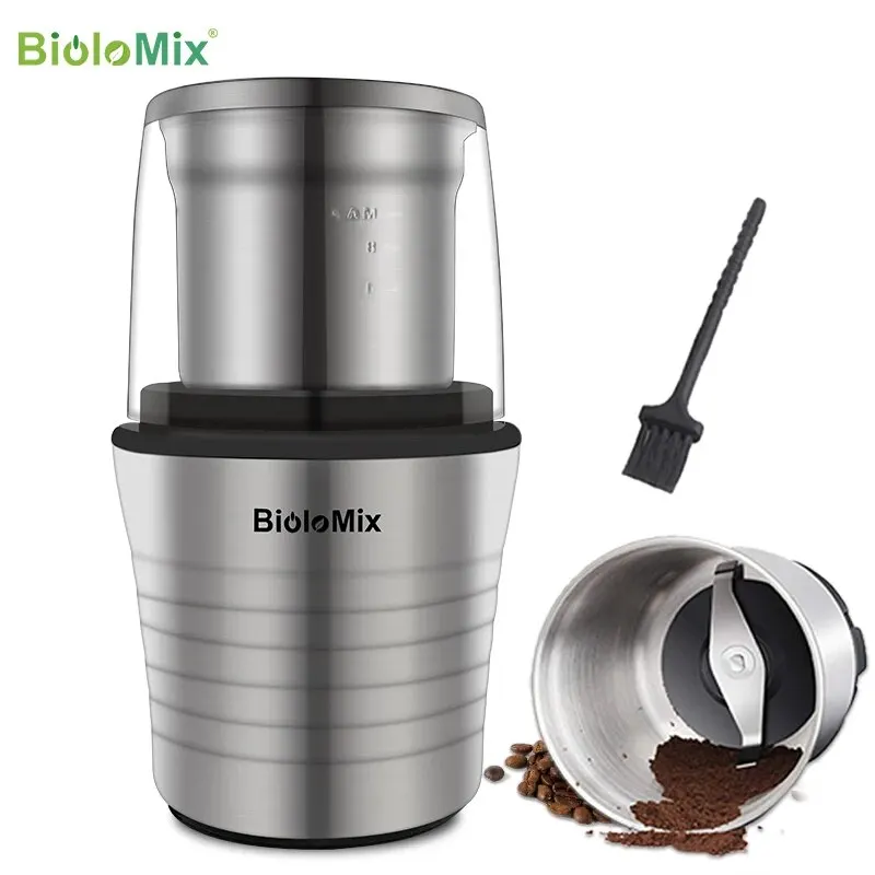 2-in-1 Wet and Dry Double Cups 300W Electric Spices and Coffee Bean Grinder Stainless Steel Body and Miller Blades,BioloMix