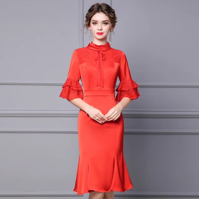 Zhili Red Dress 2024 New Women's Spring Party Bell Sleeve Lace Patchwork Waist- Slimming Fishtail Skirt