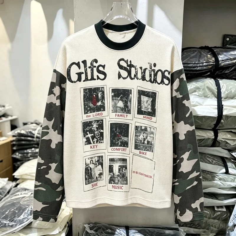 Camouflage Sleeve Splice Waffle Photo Print T Shirt Men Women Quick Dry Breathe Long Sleeve T-shirt High Quality Daily Tops Tee