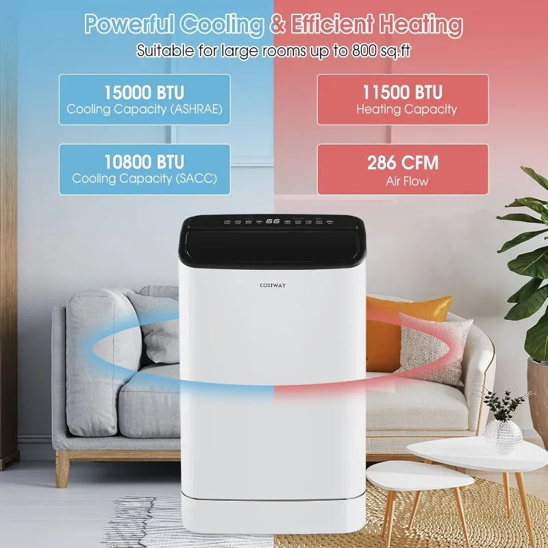 15000 BTU Portable Air Conditioner with Heat, Auto Swing 4-in-1 AC Unit for Rooms up to 800 with Built-in Dehumidifier 24H Timer