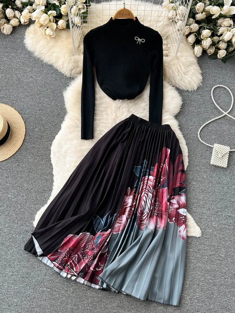 New Women Vintage Two Piece Suit Spring Autumn Half Turtleneck Long Sleeve Sweater Knitted Top Print Pleated Long Skirt Sets