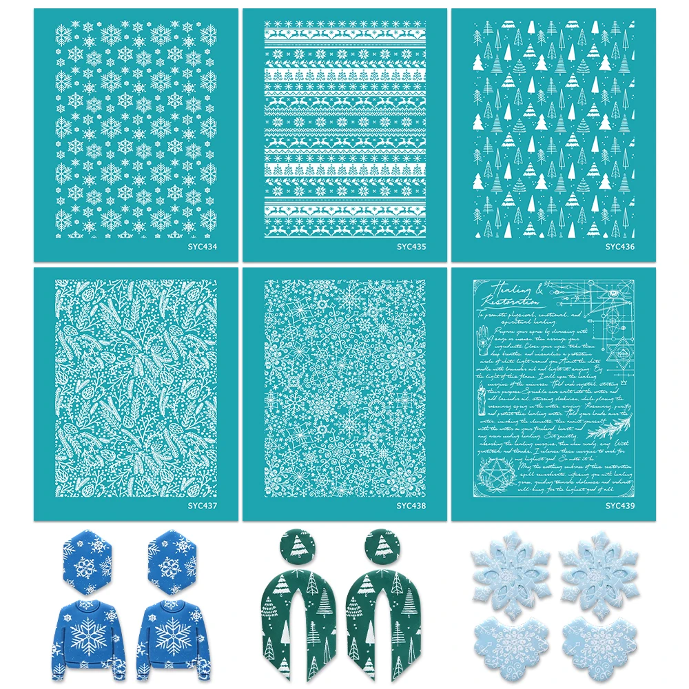 Plantillas de serigrafía autoadhesivas con elemento de copo de nieve de árbol de Navidad para arcilla polimérica, impresión de transferencia de malla reutilizable para pendientes