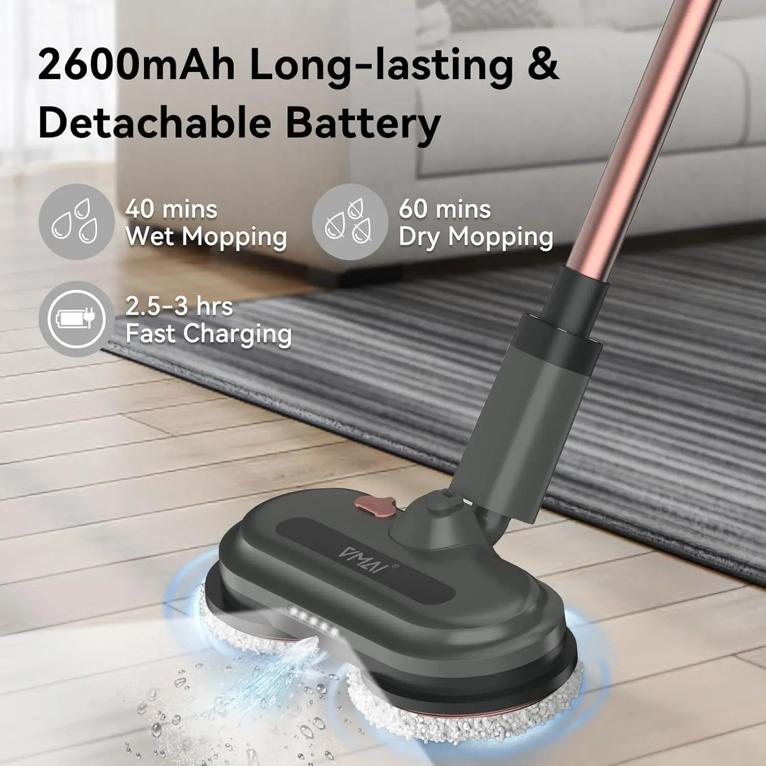 Cordless Electric Mop, Electric Floor Cleaner with Floor Cleaning Solution | Water Sprayer & LED Headlights, Up to 60 mins Lasti