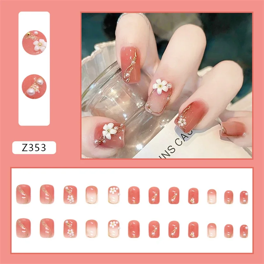 

24Pcs/Set Fairy Temperament Fake Nails Grapefruit Gradient Floral Wearing false nails Art Full Cover Removable Press On Nail