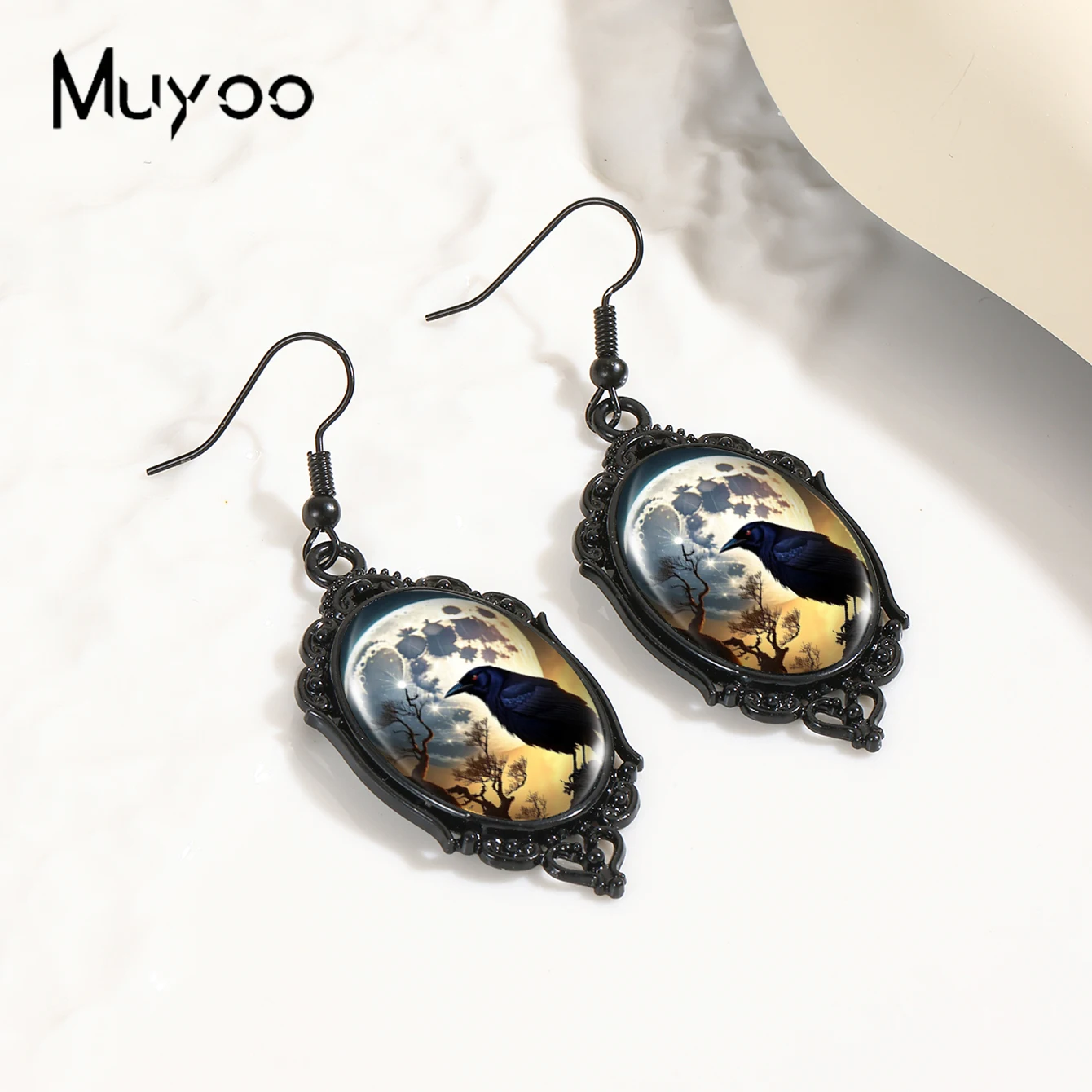 2024 New Arrival Fashion Halloween Raven Crow and Moon Glass Cabochon Fish Hook Earrings Handmade Black Pumpkin Dangles