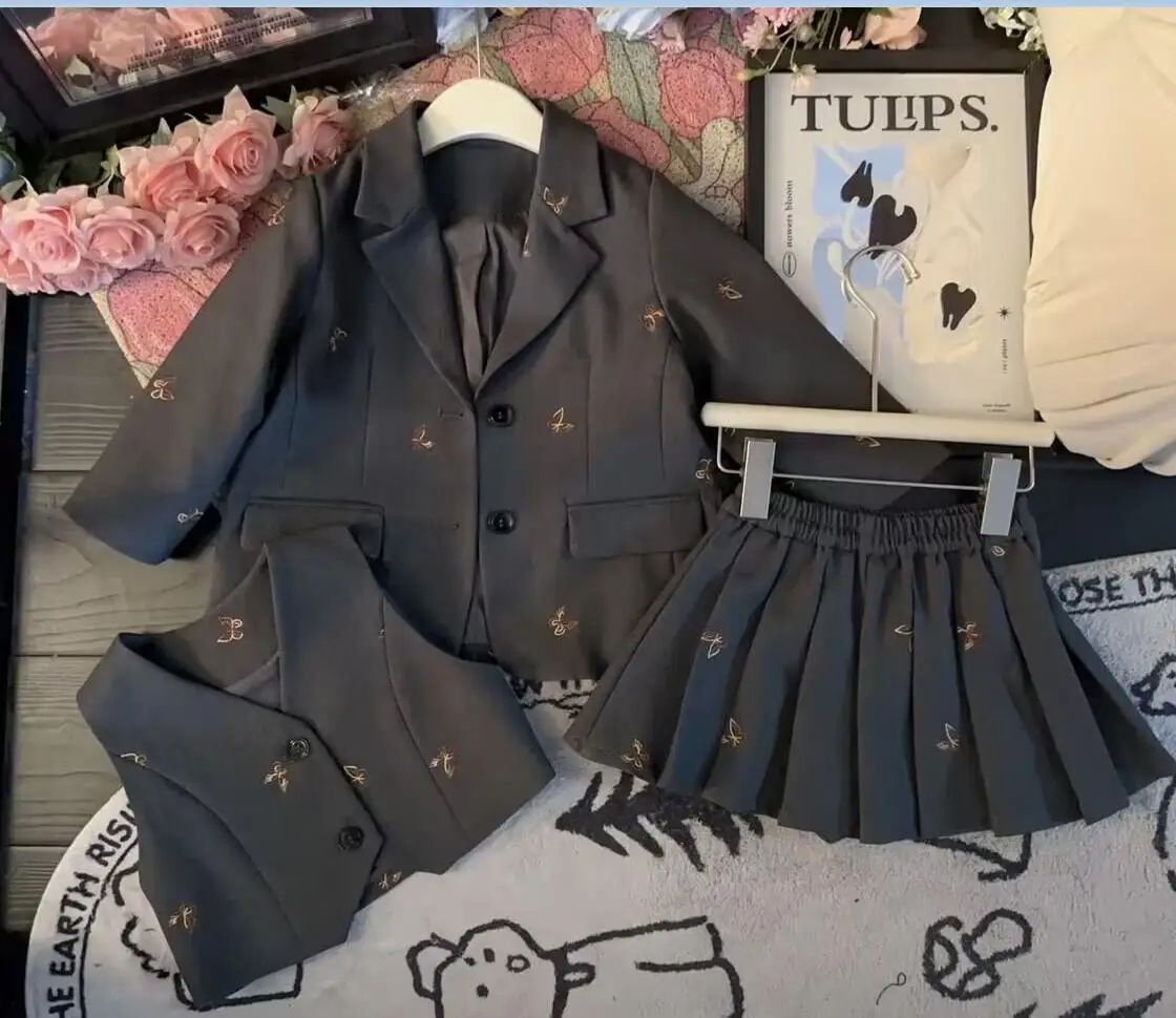 spring girl suit set Embroidered Butterfly suit jacket+Vest+Pleated skirt 2/3pc baby girl clothes suit junior child outfits 2-13